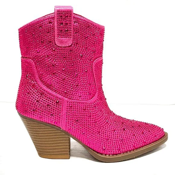 New Women Fuchsia Hot Pink Rhinestone Cowboy Western Ankle Short Boots Booties - Picture 3 of 5